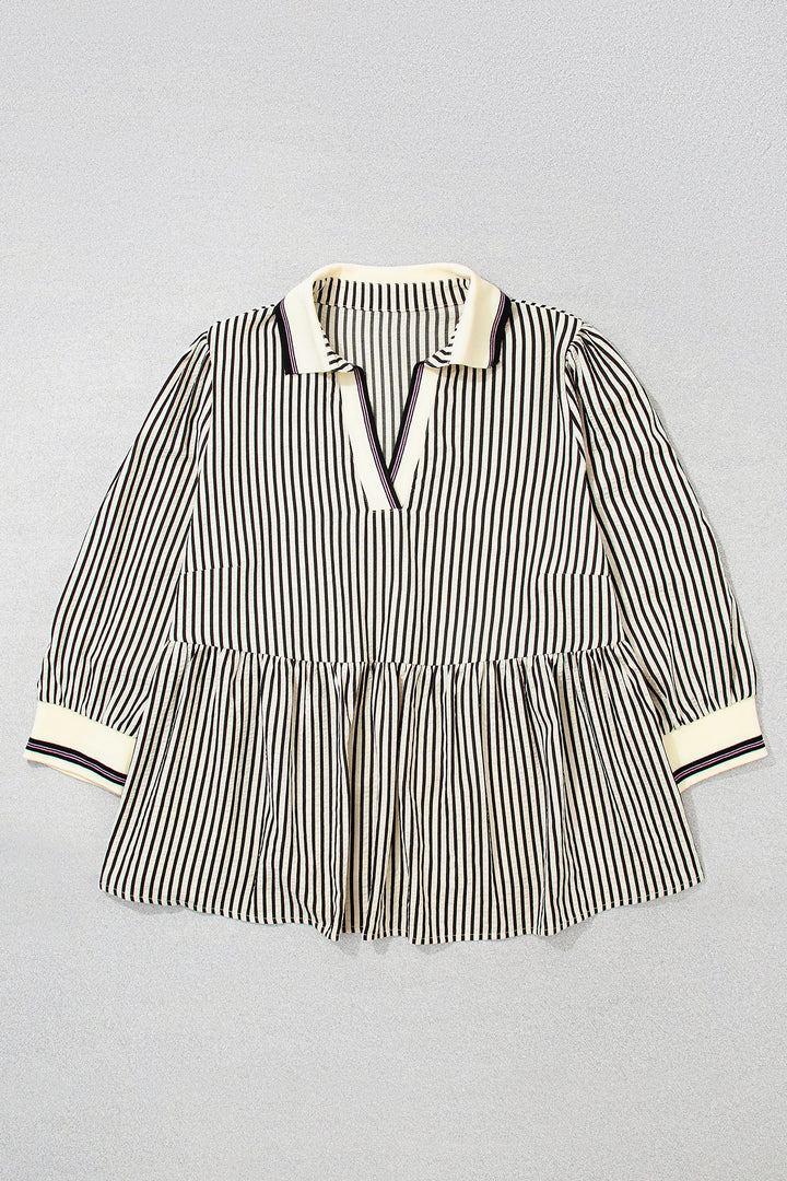 Black Stripe Patchwork Striped V Neck Tunic Plus Size Blouse