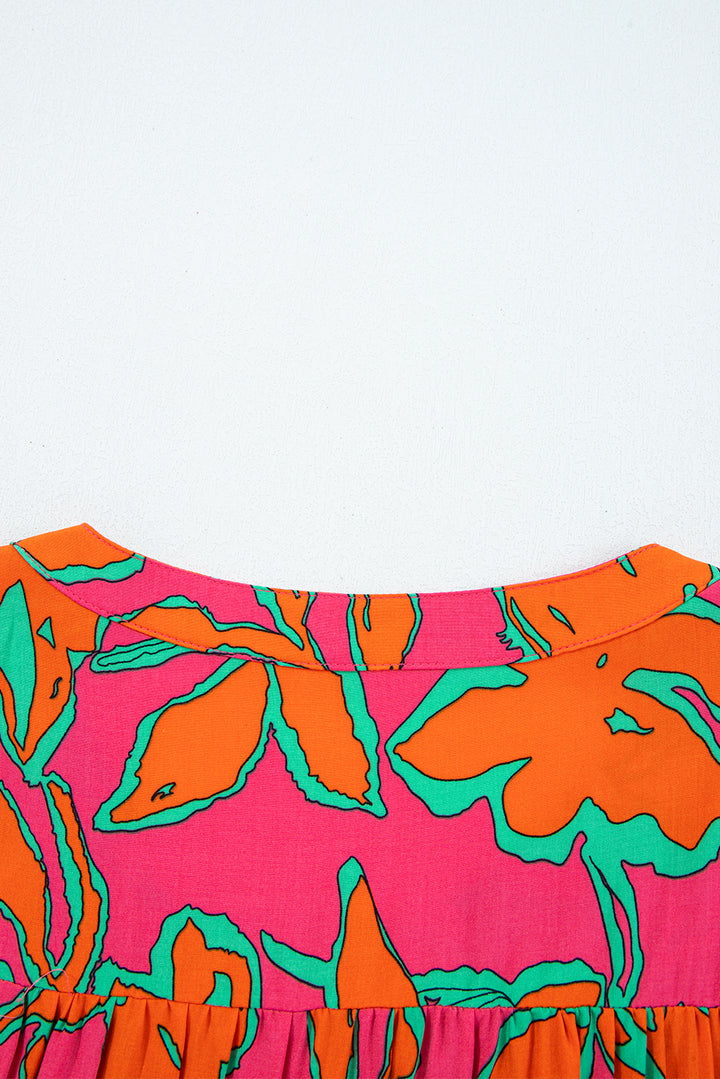 Rose Floral Print Batwing Sleeve Buttoned Loose Fit Shirt