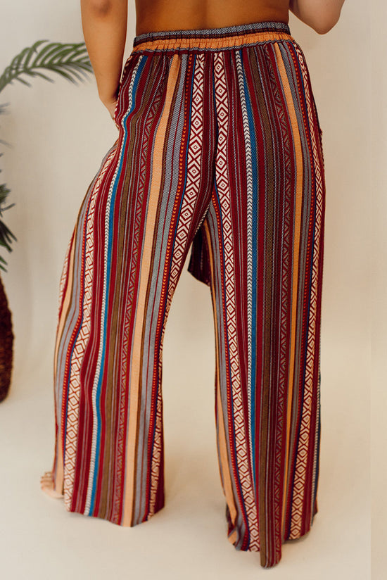 Red Boho Ethnic Striped Print Tie Waist Wide Leg Pants | Women