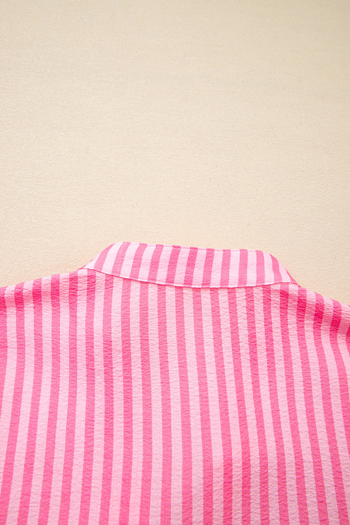 Pink Stripe Flare Sleeve Half Placket Tiered Flowy Mini Dress