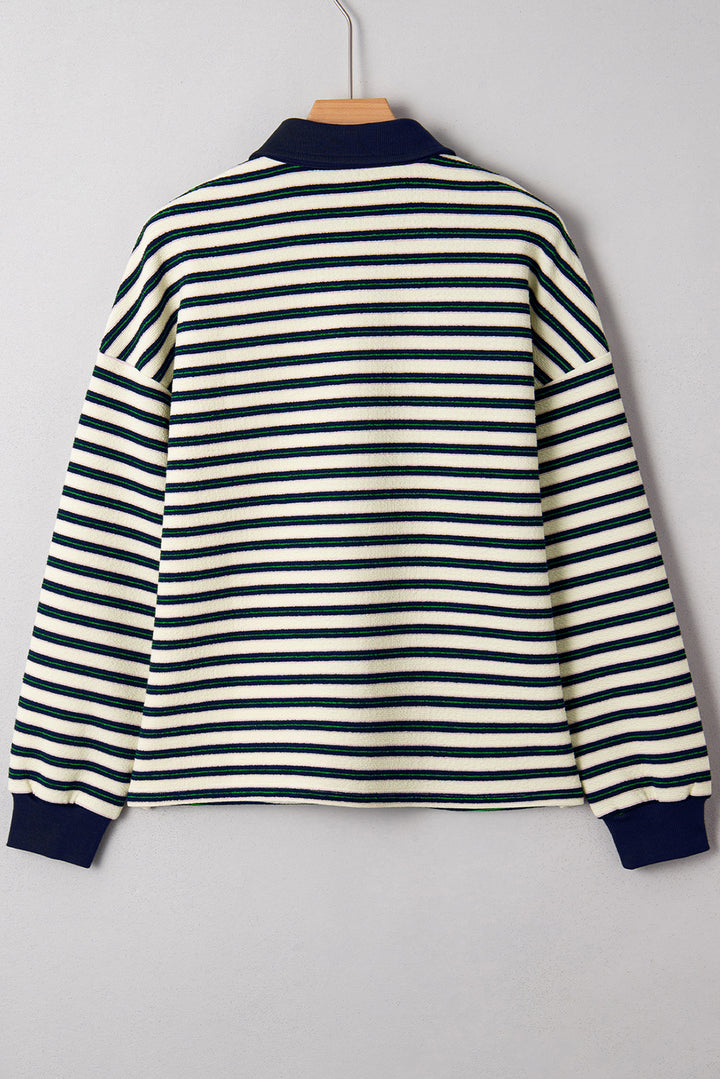 Racing Red Striped Print Contrast Collar Zip V Neck Long Sleeve Top