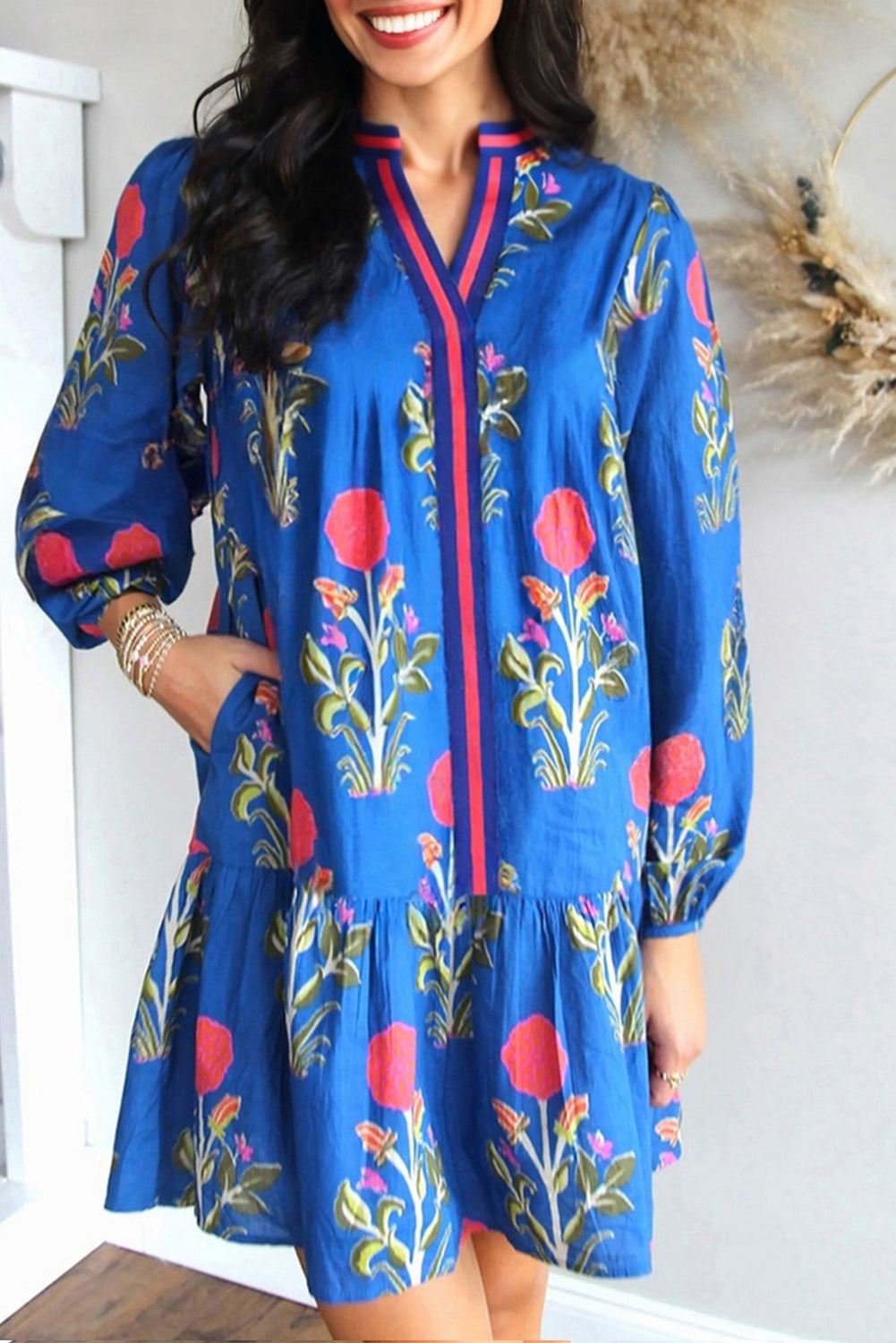 Sky Blue Floral Print Contrast Striped Trim Notched Neck Long Sleeve Dress