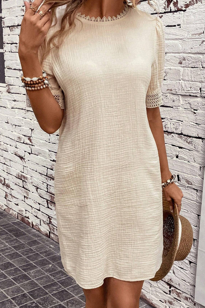 Beige Crinkle Lace Trim Puff Sleeve Shift Cotton Mini Dress