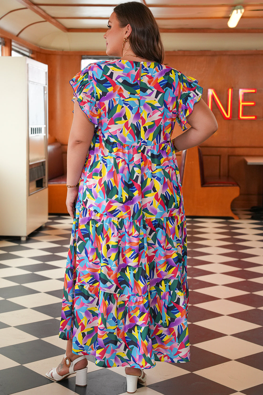 Blue Geometric Print Ruffled Short Sleeve Plus Size Tiered Maxi Dress