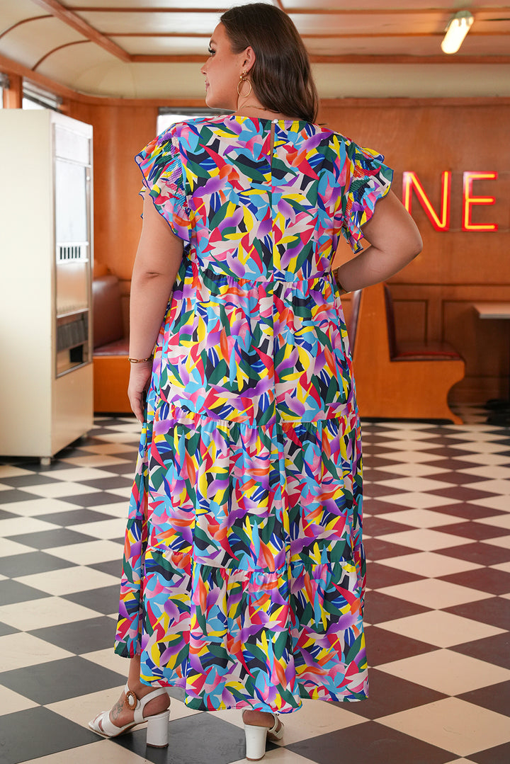 Blue Geometric Print Ruffled Short Sleeve Plus Size Tiered Maxi Dress