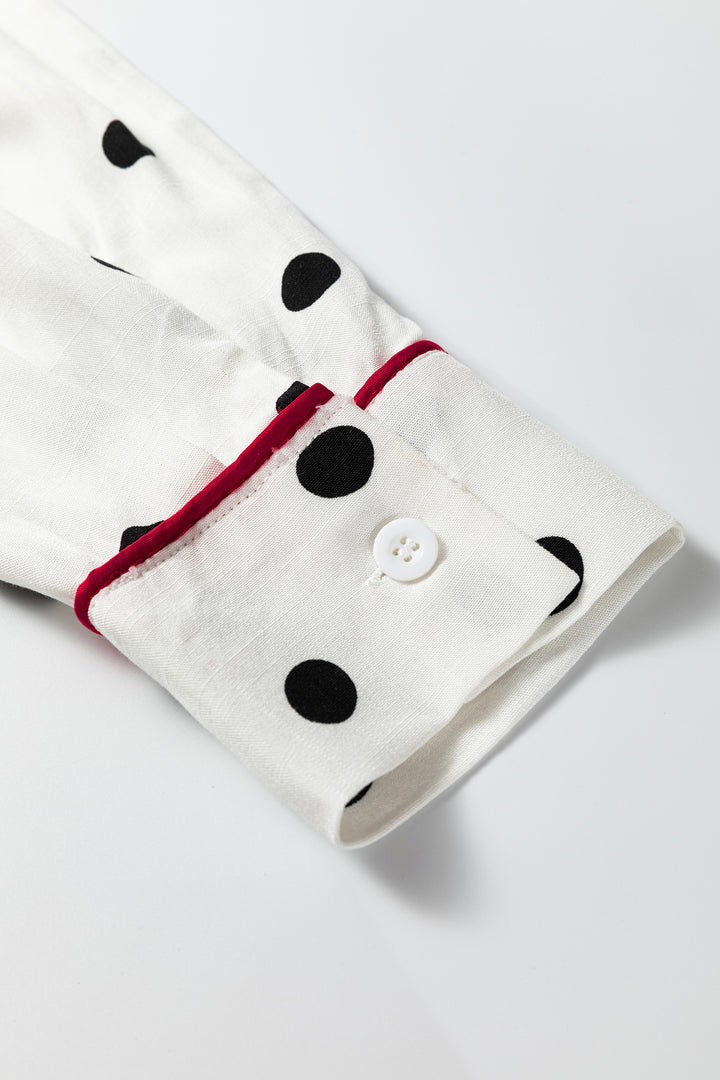 White Polka Dot Print Contrast Piping Elegant Shirt