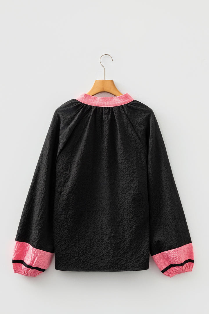 Black Color Block Patchwork Detail V Neck Textured Long Sleeve Blouse