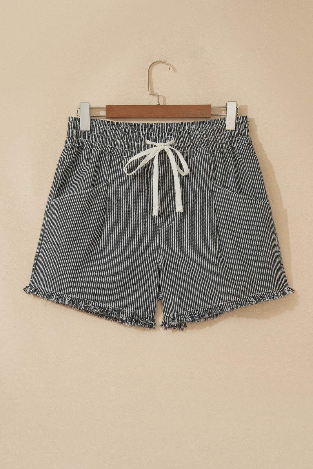 Black Stripe Raw Edge Drawstring Elastic Waist Casual Denim Shorts