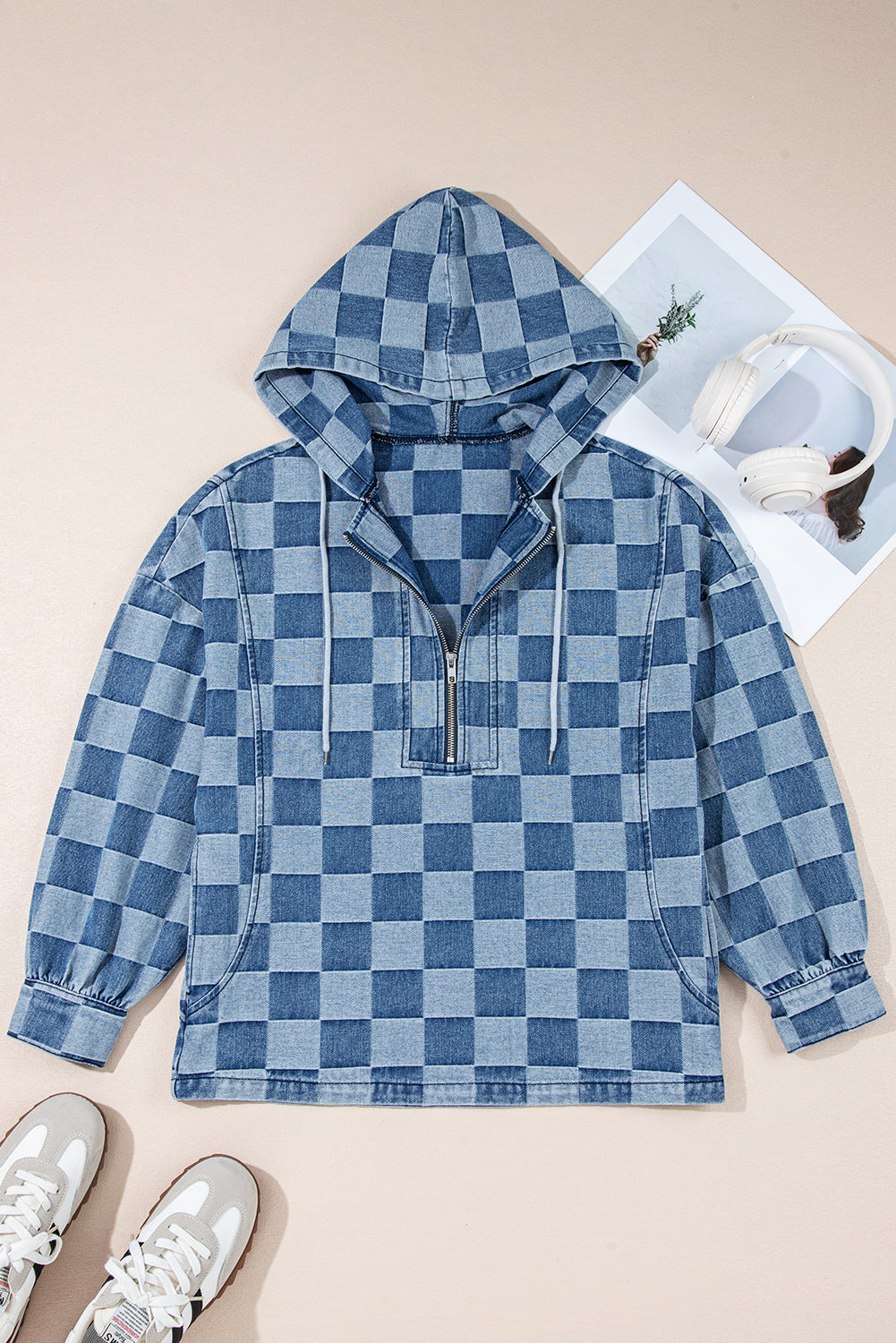 Sky Blue Checkerboard Oversized Zipped Neck Kangaroo Pocket Denim Hoodie