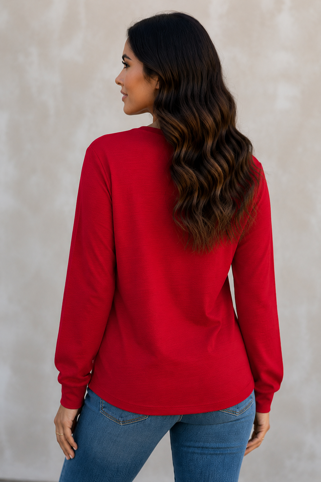 Racing Red Solid Color Button V Neck Long Sleeve Top