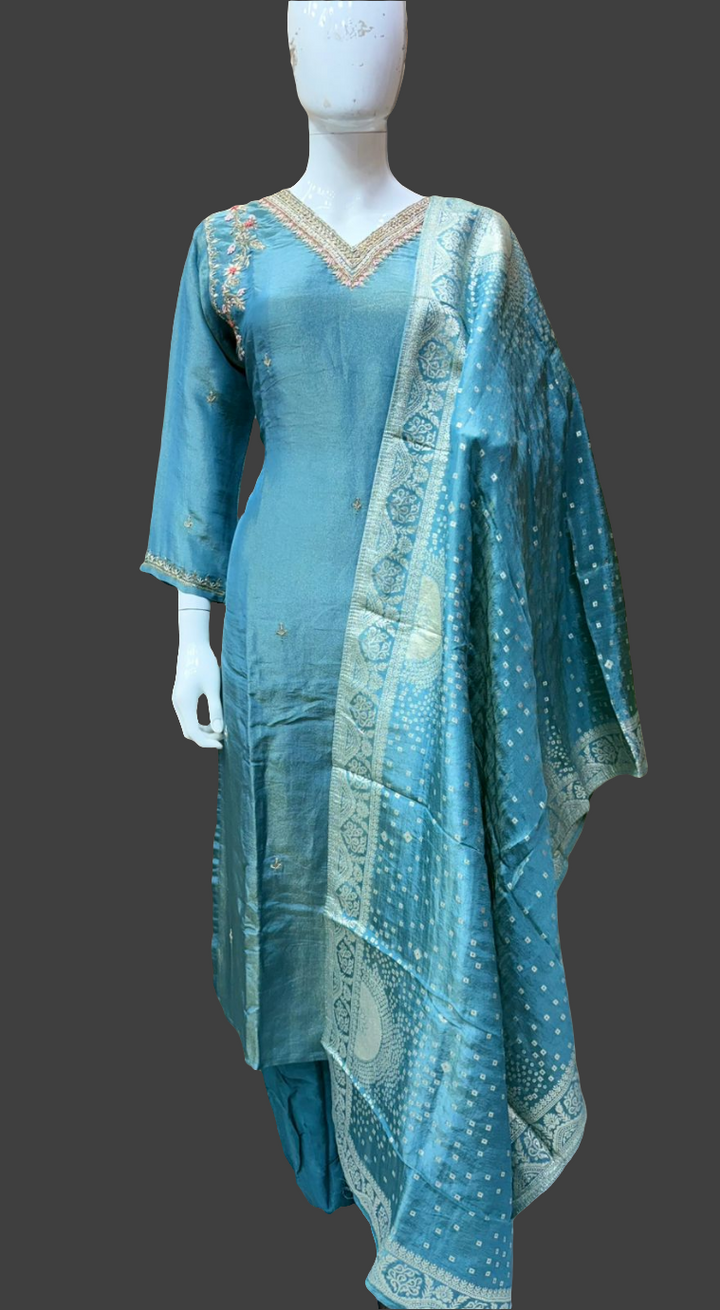 Blue Gold Tissue embroidery 3 piece traditional kurthi set