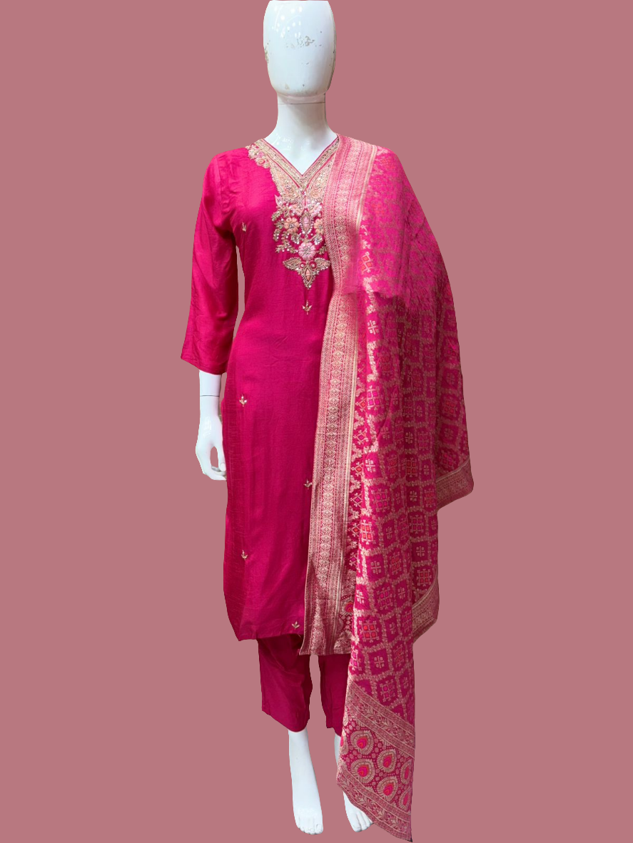 Raj kumari Pink Silk embroidery 3 piece Kurtha Set