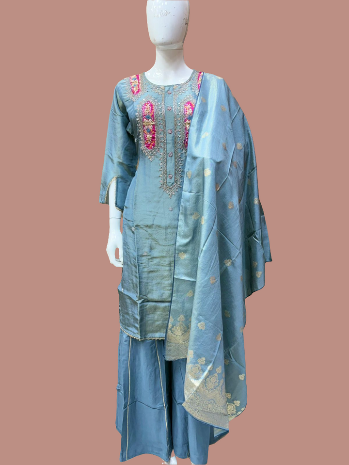 Blue Kurthi Set With Gold Tissue Fabric and Pink Embroidery Saharara Style
