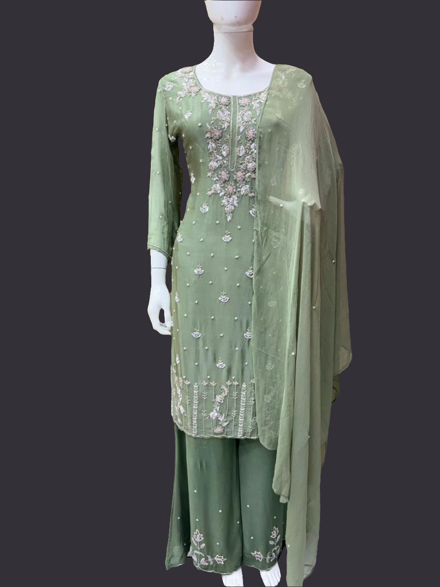 Green Satin Silk Embroidery Premium 3-Piece Kurta Set