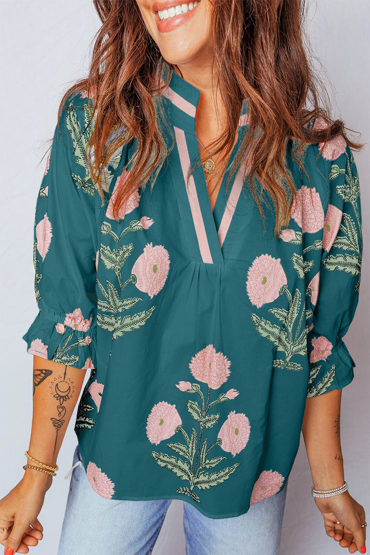 Sky Blue Casual Wild Flower Print V Neck 3/4 Sleeve Blouse