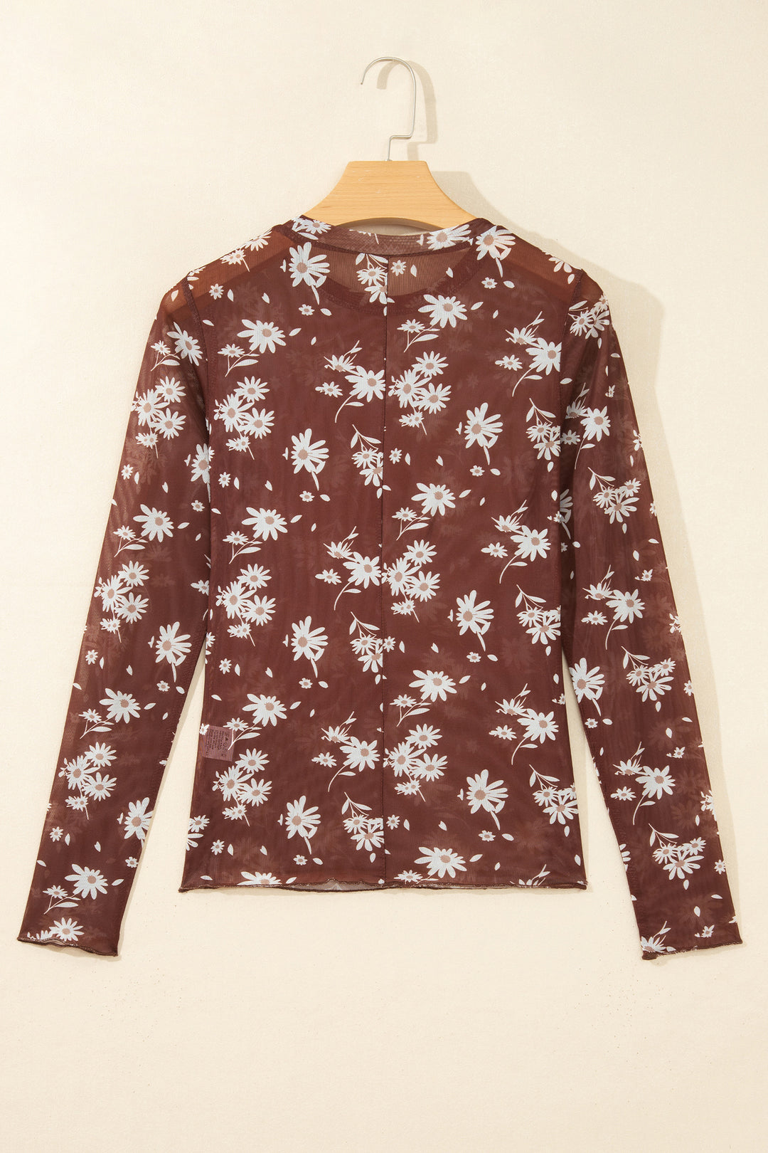 Brown Floral Print Sheer Mesh Long Sleeve Top