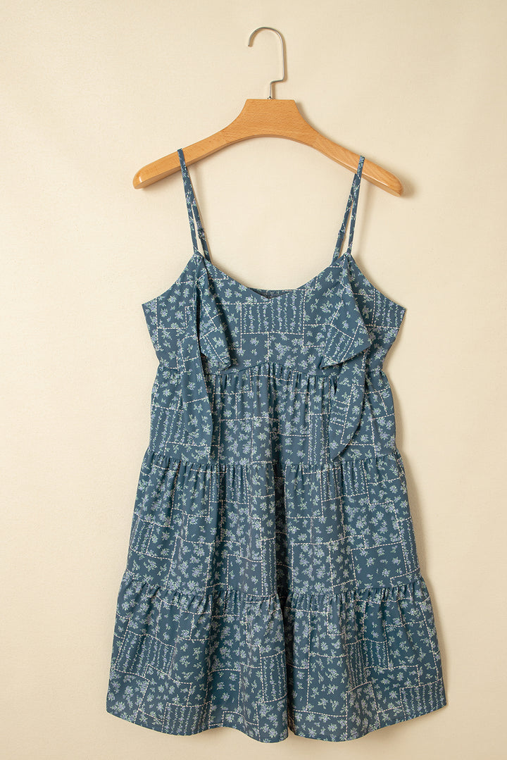 Blue Spaghetti Straps Floral Print Knot Detail High Waist Flared Dress