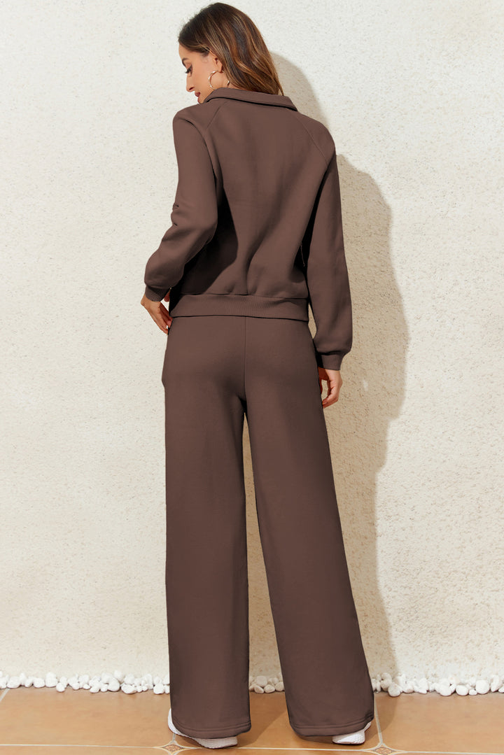 Dark Brown Solid Collared Sweatshirt and High Waist Pants Active Set