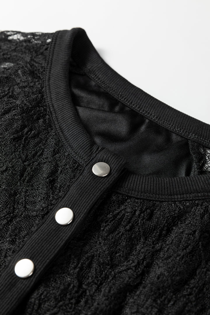 Black Sheer Lace Long Sleeve Slim Henley Top