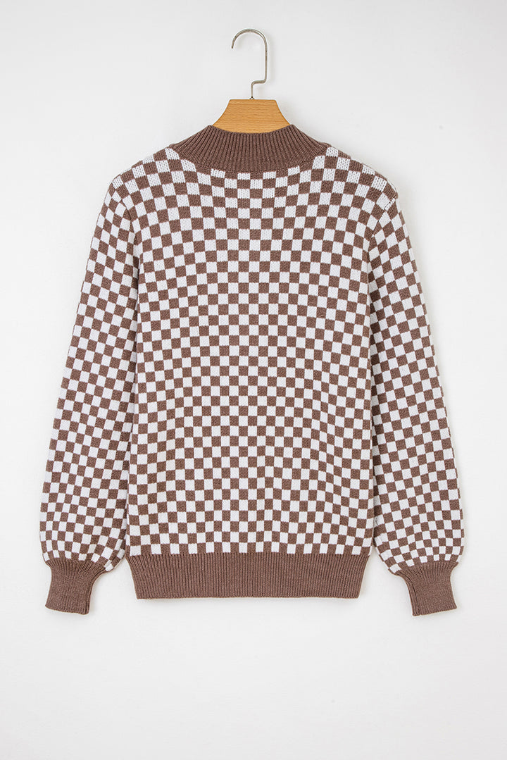 Dark Brown Half Button Ribbed Trim Checkerboard Knit Sweater