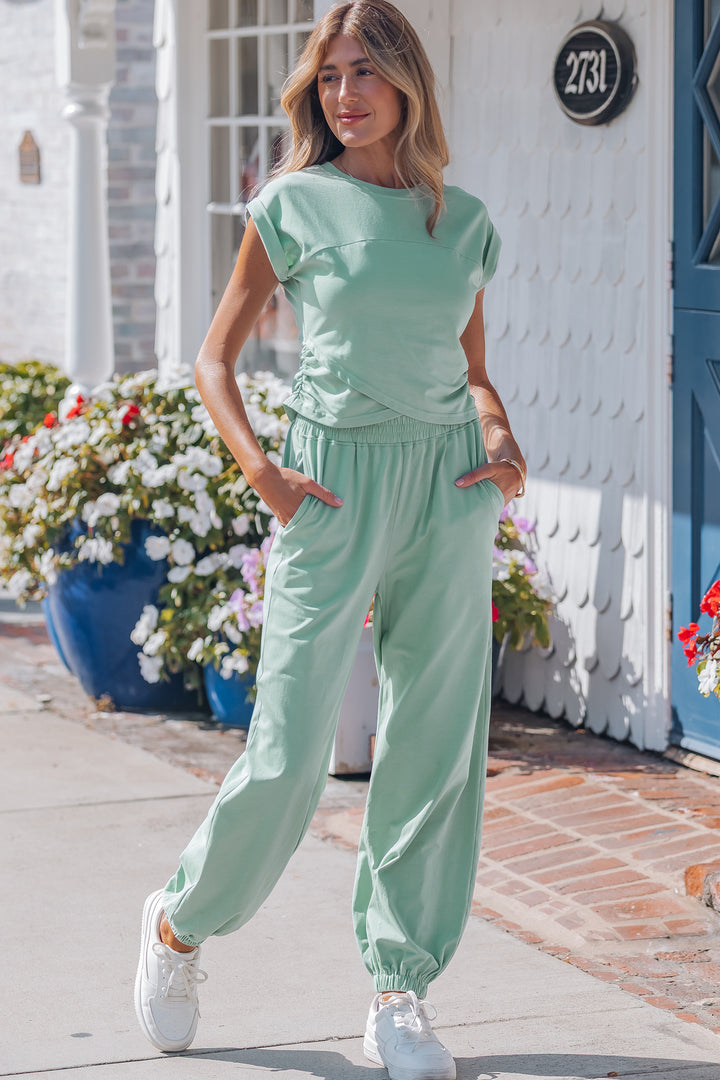 Racing Red Solid Color Cropped Tank Top and Jogger Pants Set