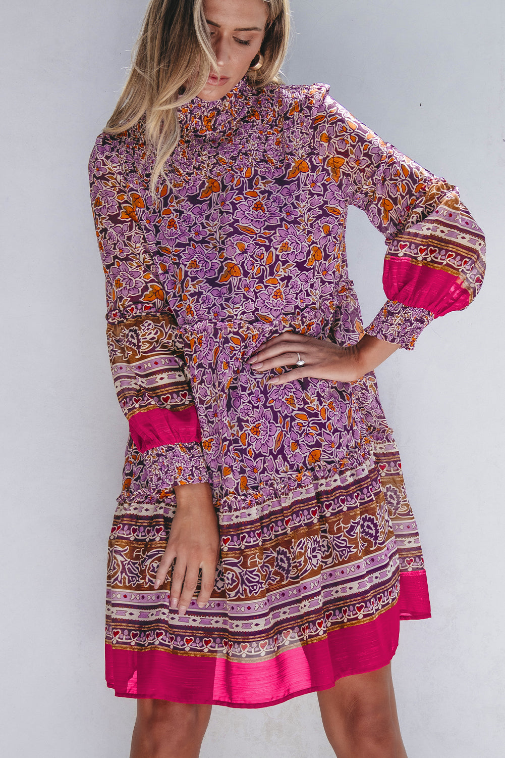 Purple Floral Smocked Puff Sleeve High Neck Mini Dress | Women