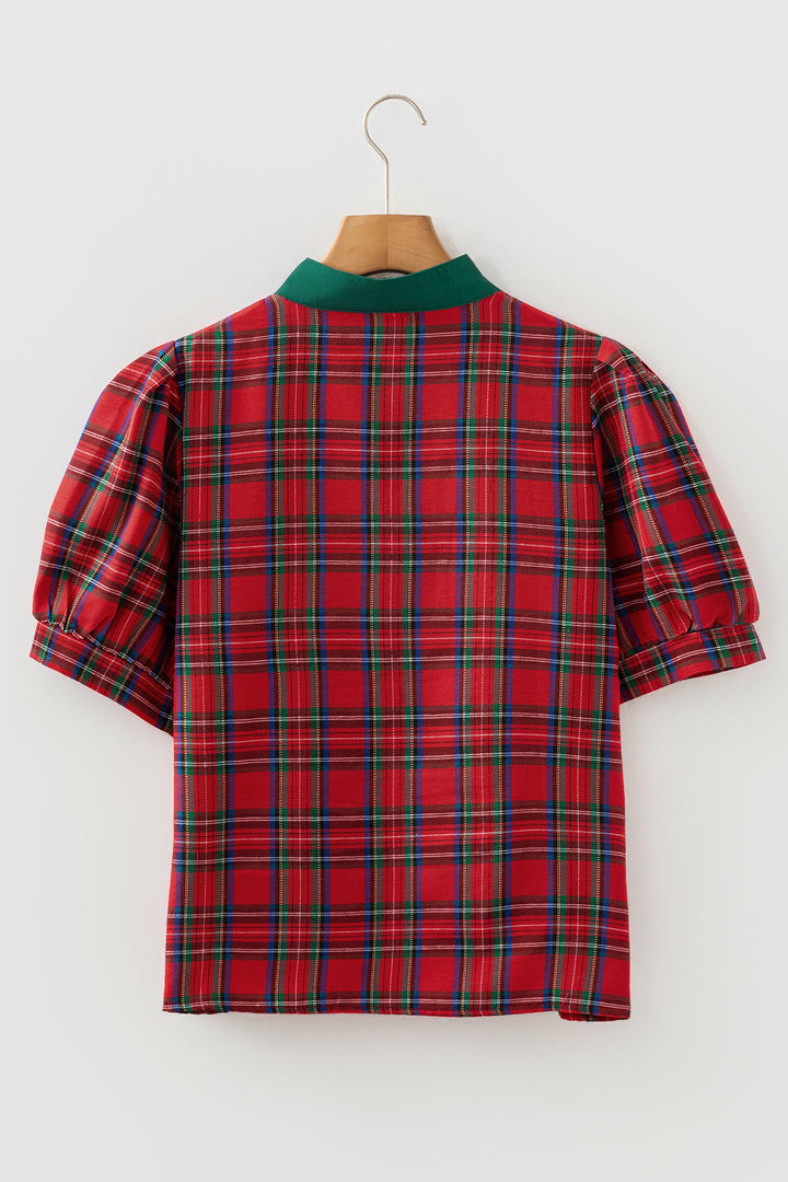 Red Plaid Print Contrast Trim V Neck Short Sleeve Blouse