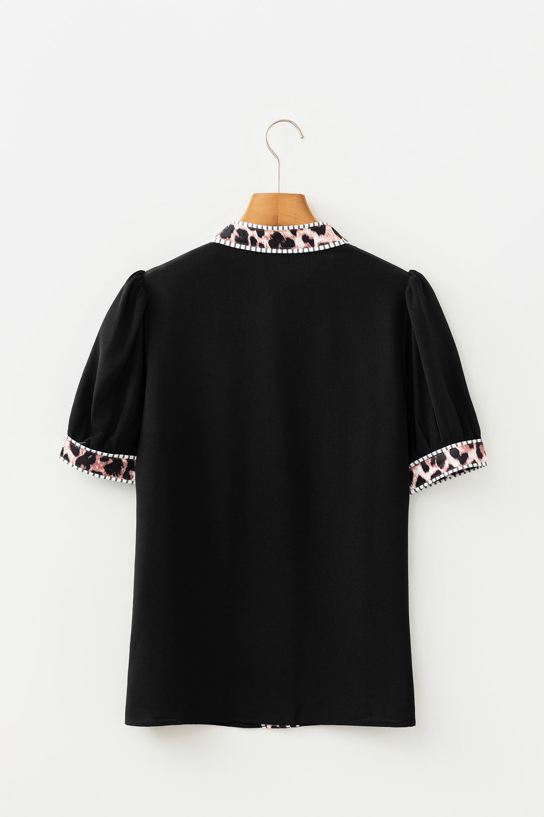 Black V Neck Short Puff Sleeve Contrast Striped Leopard Trim Button Down Shirt