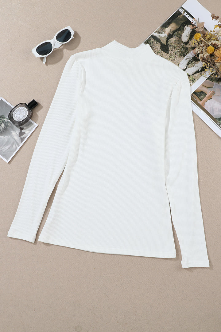 White Ribbed Knit High Neck Long Sleeve Top