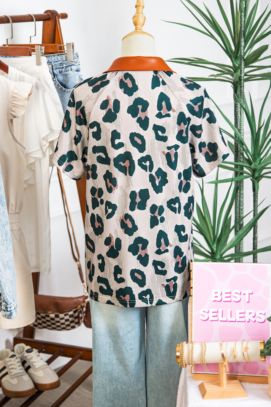 Casual Unique Leopard Print Button Contrast Collared Short Sleeve Blouse