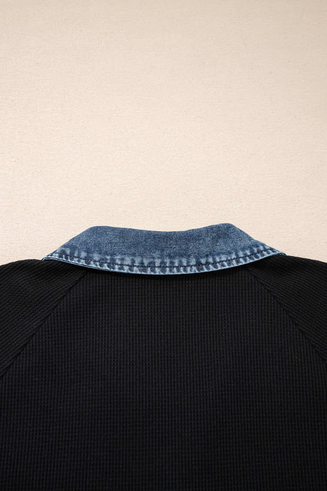Black Plus Size Textured Contrast Denim Patchwork Button Polo Tee