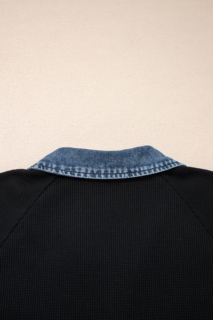 Black Plus Size Textured Contrast Denim Patchwork Button Polo Tee