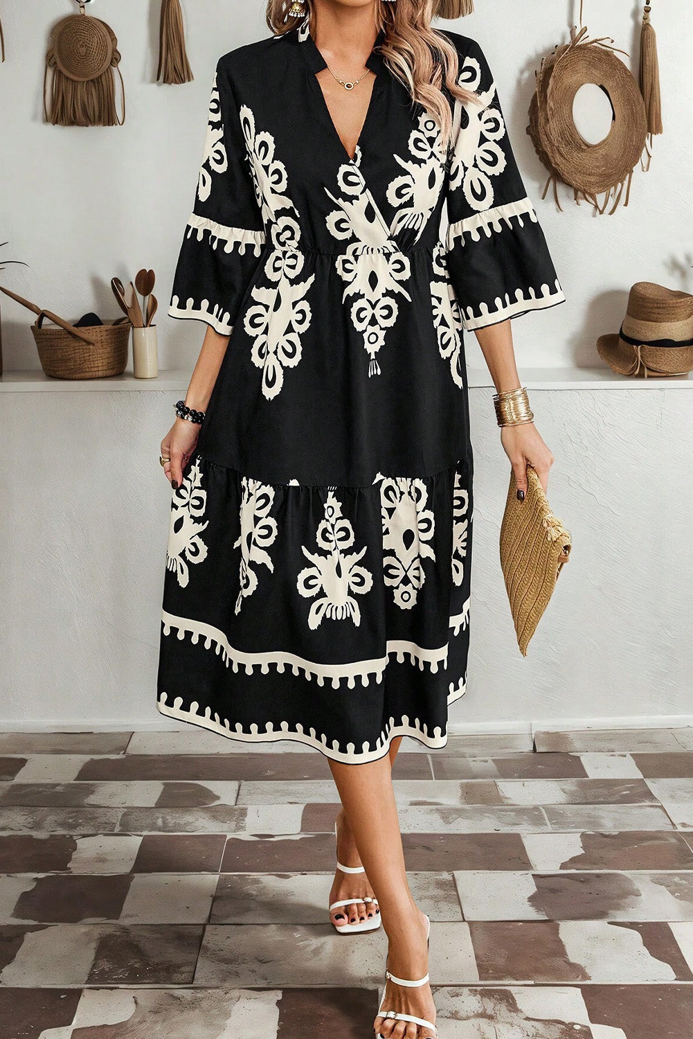 Black Western Geometric Print 3/4 Sleeve Loose Midi Dress