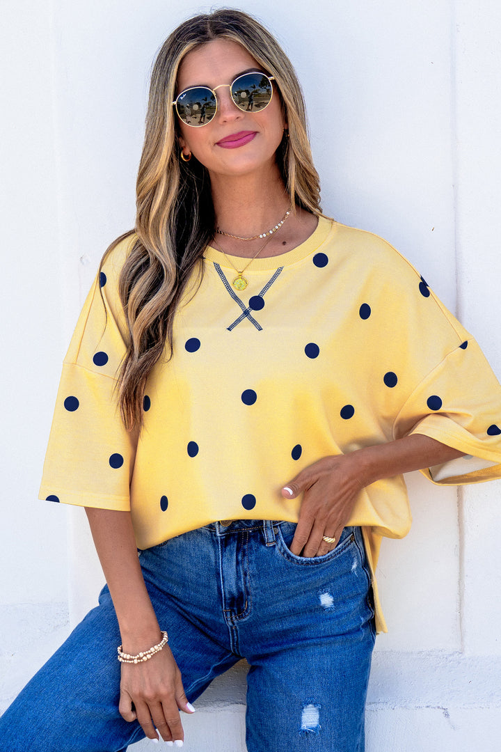 Yellow Polka Dot Print Crossed Seam Detail Oversize Tee