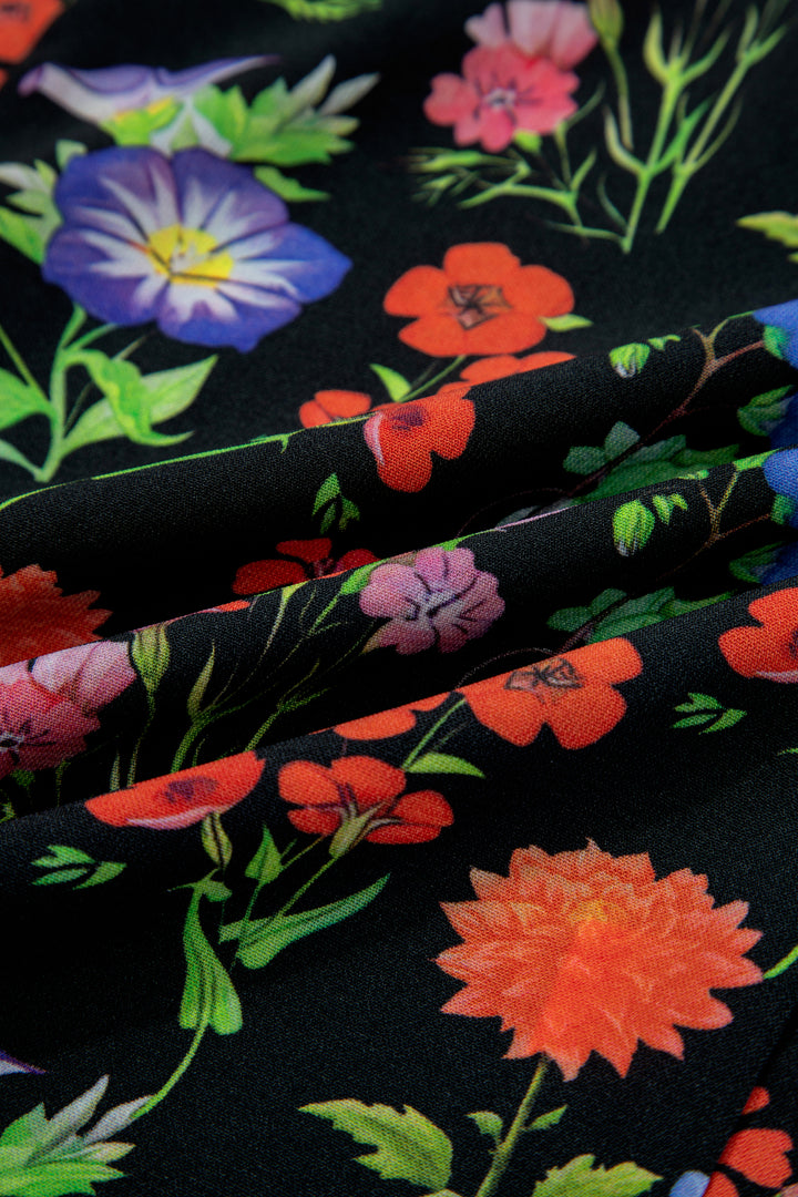 Black Tiered Flutter Sleeve V Neck Flower Blouse