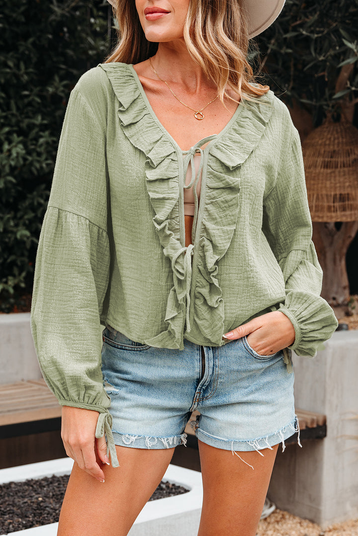 Meadow Mist Green Bow Tie Front Ruffle Trim V Neck Long Sleeve Gauze 100% Cotton Blouse