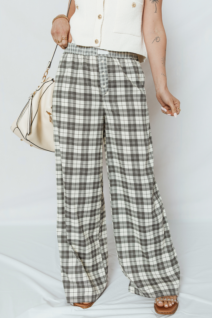 Gray Plaid Wide Leg Casual Pants