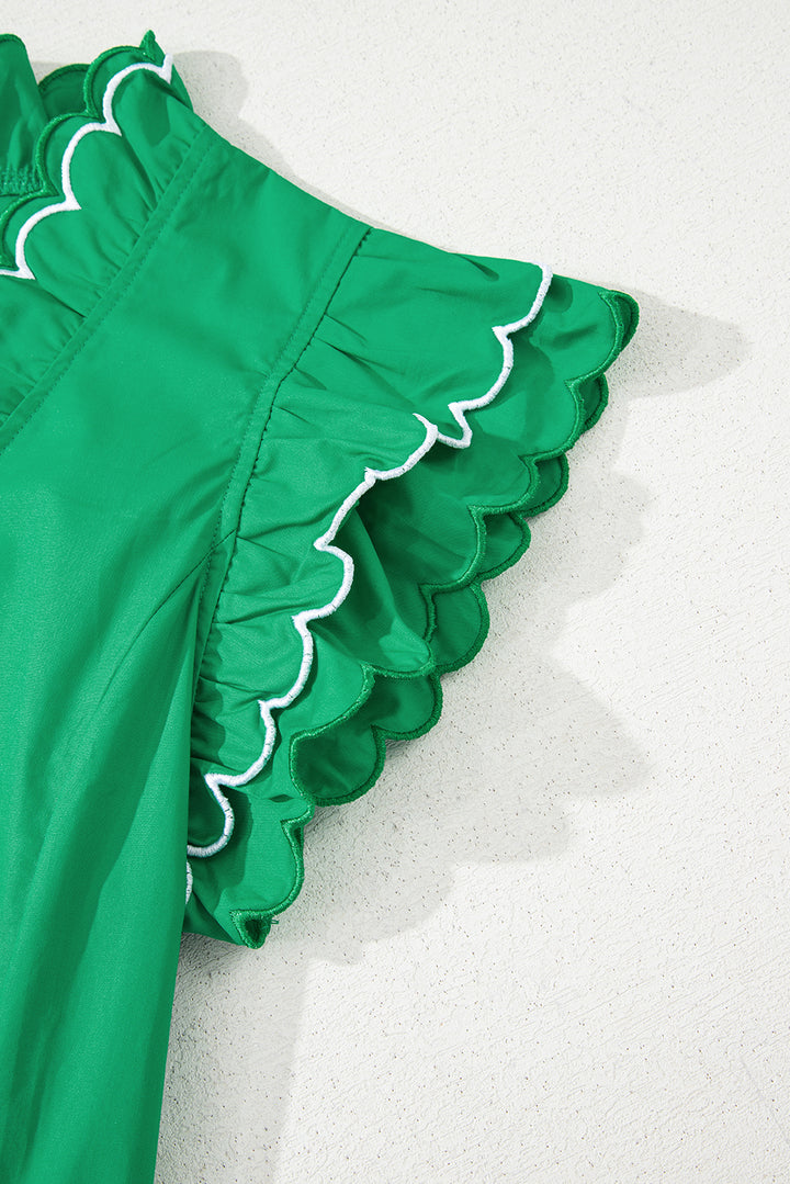 Bright Green Contrast Scallop Trim Layered Short Sleeve V Neck Blouse