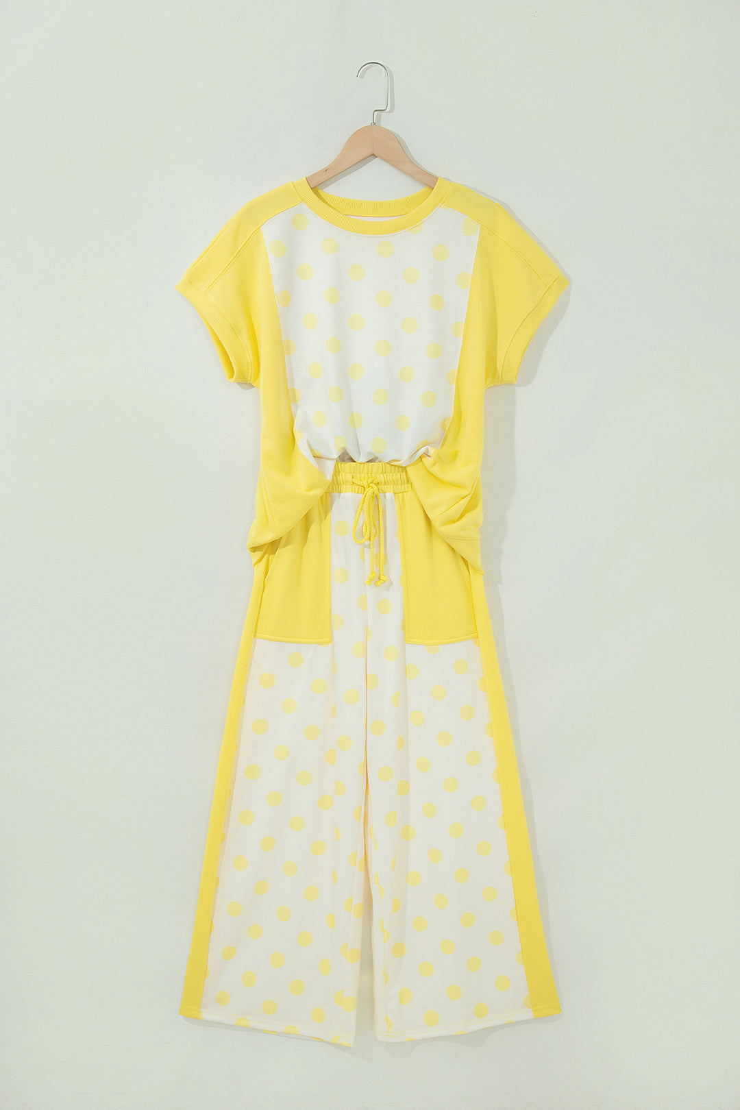 Yellow Color Block Patchwork Polka Dot Wide Leg Pant Set