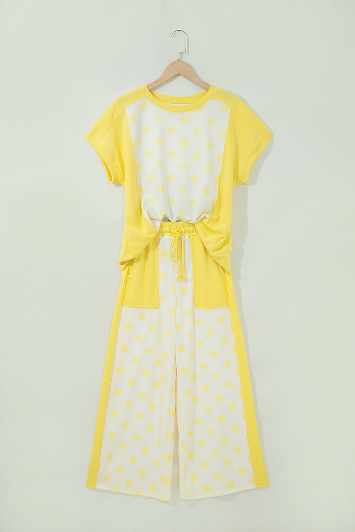 Yellow Color Block Patchwork Polka Dot Wide Leg Pant Set