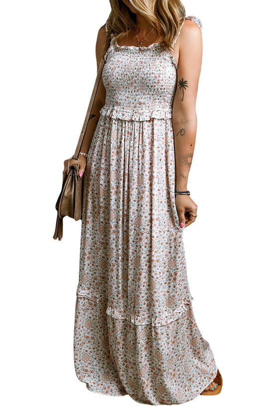 White Lace Frilly Straps Shirred Floral Maxi Dress | Women