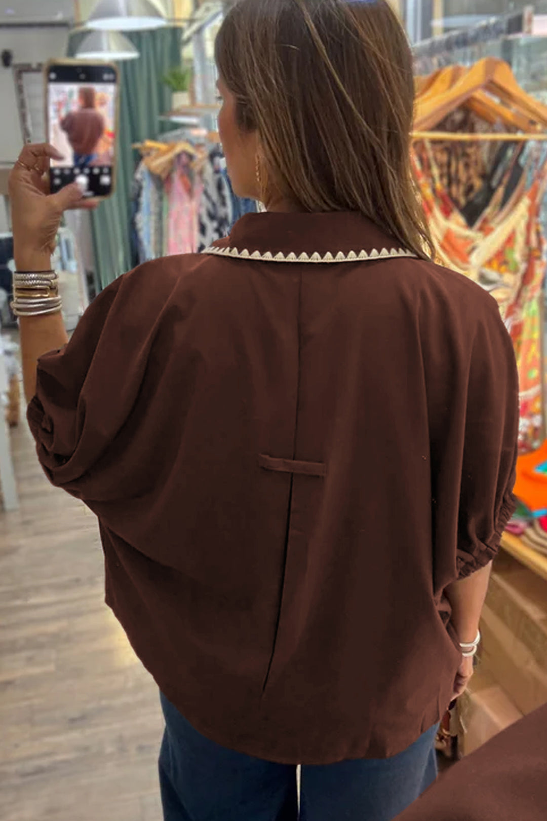 Coffee Shirt Collar Contrast Trim Button V Neck Short Sleeve Blouse