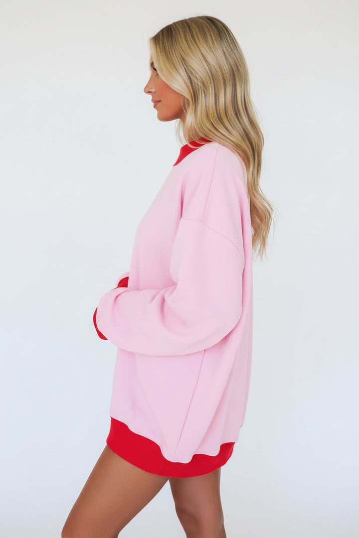 Pink Colorblock Trim Crewneck Long Sleeve Pullover Sweatshirt