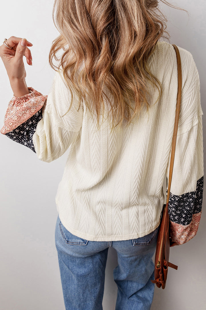 Dusty Pink Floral Patchwork Textured Knit Drawstring V Neck Blouse