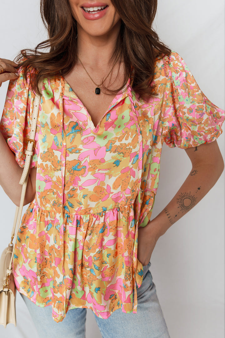 Orange Split V Neck Short Sleeve Flower Blouse