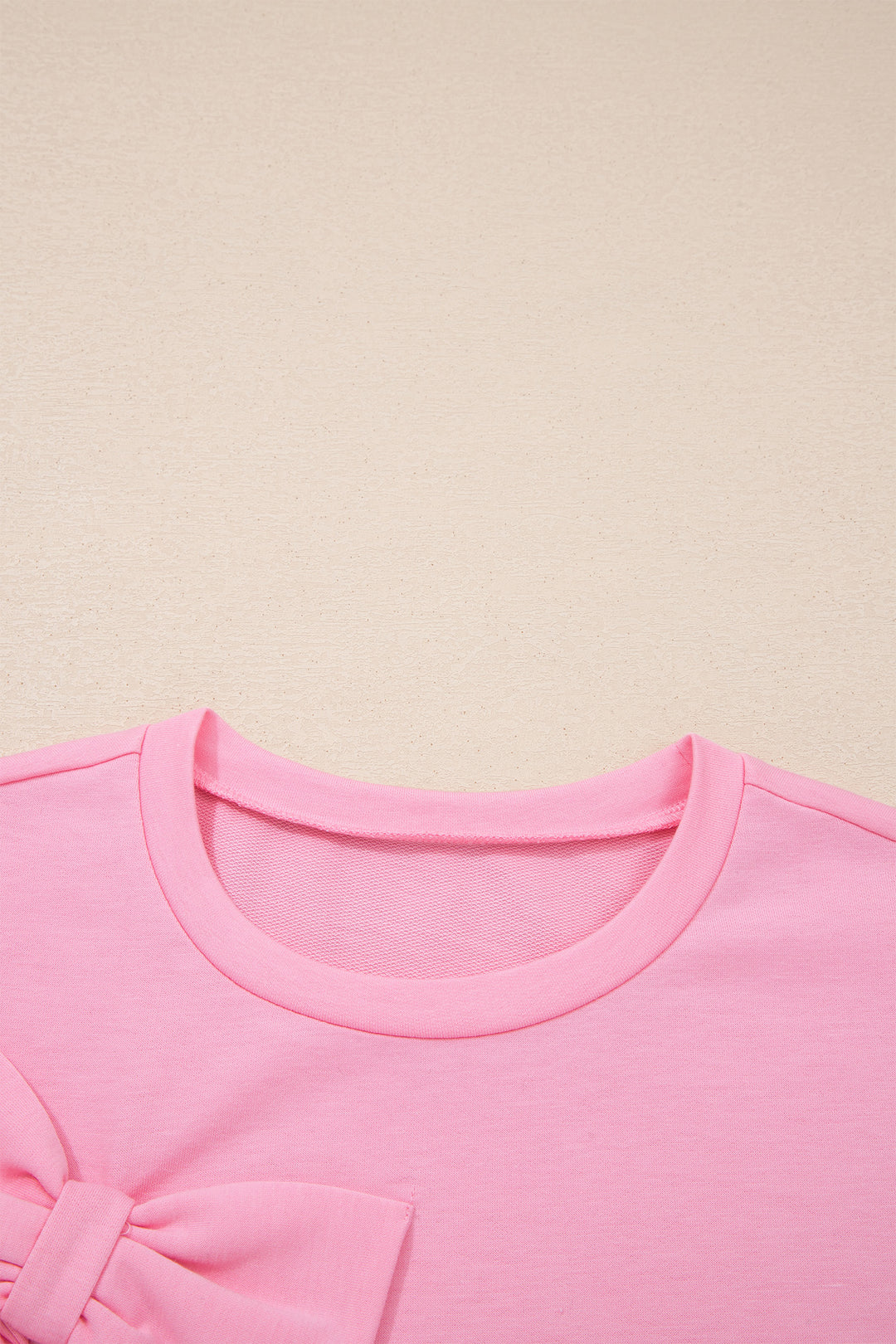 Pink Solid Color Raw Edge Bow Patch Loose T Shirt