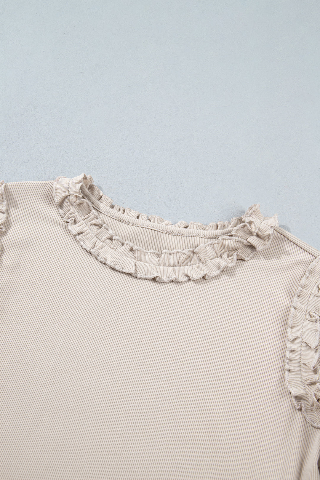 Beige Solid Color Round Neck Frill Detail Long Sleeve Top