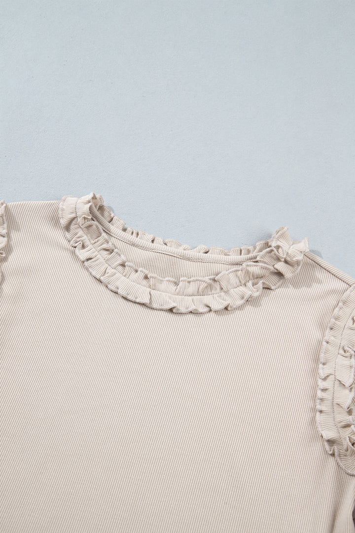 Beige Solid Color Round Neck Frill Detail Long Sleeve Top