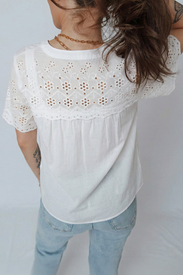 White Flower Eyelet Embroidered Patchwork Sheer Short Sleeve Cotton Shirt