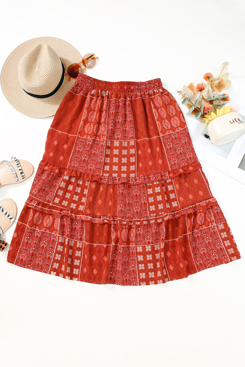 Fiery Red Bohemian Mix Print Long Flared Skirt | Women